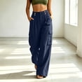 thumbnail image 2 of ZHYou No Boundarie Cotton Linen Cargo Pants for Women Casual Wide Leg Button Drawstring Waisted Loose Fit Pants with Patch Pockets,Navy,Size L, 2 of 8