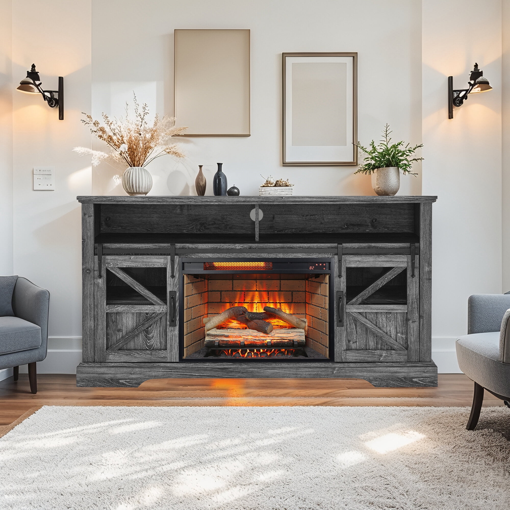 Electric Indoor Fireplaces, 60 Inch Electric Fireplace Entertainment Center With Door Sensor-Dark Rustic Oak, Dark Oak Indoor Fireplaces,Wood+Stainless Steel+Glass Fireplace Tools Set