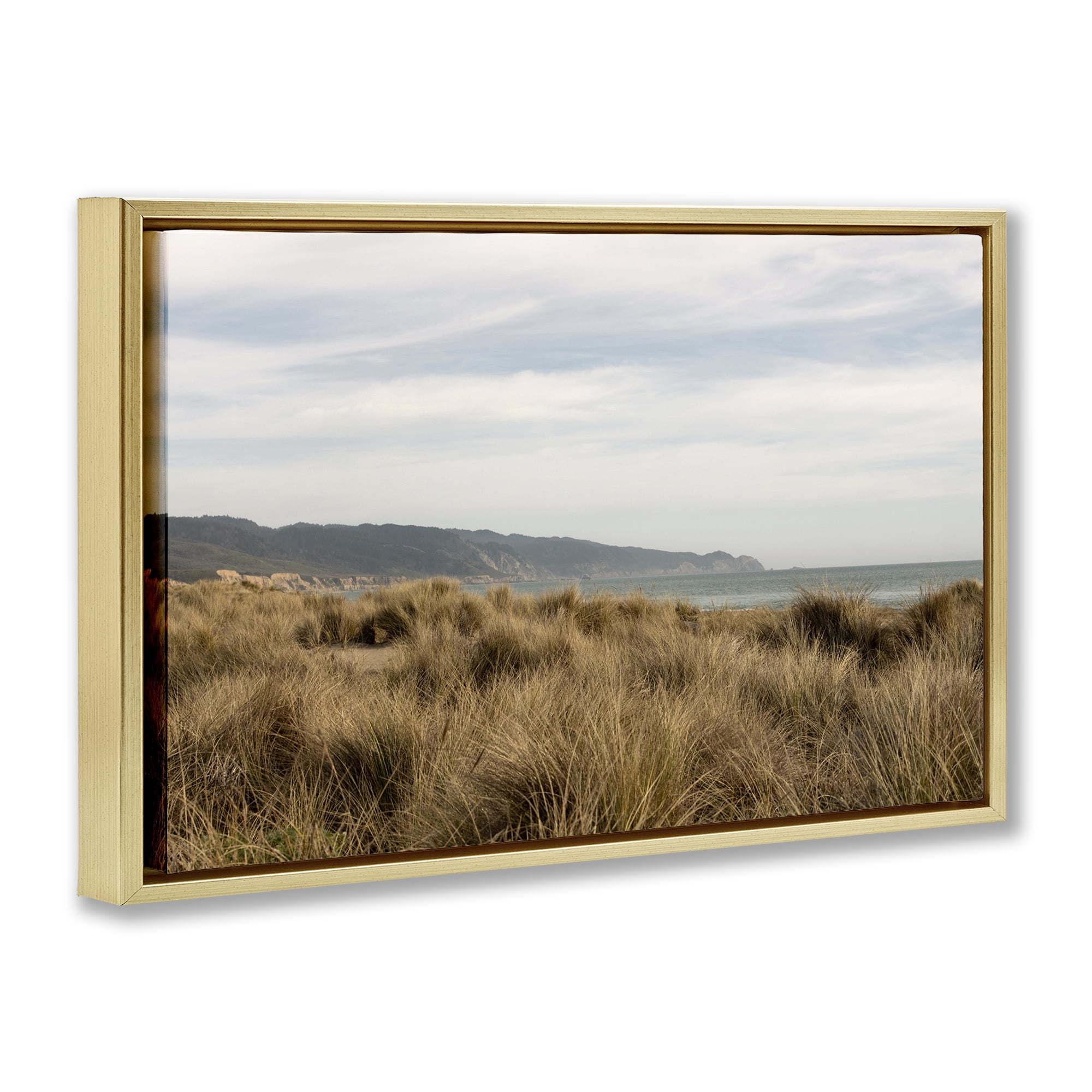Stupell Industries Windy Grass Dunes View Landscape & Nature Photography Gold Floater Framed Canvas Art Print Wall Art, 25 x 17