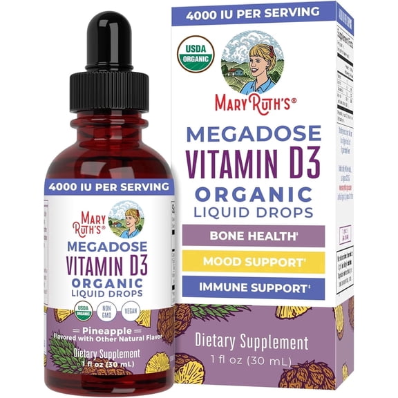 MaryRuth's Megadose Vitamin D3 Liquid Drops, USDA Organic, Vegan, 100 Mcg for Immunity Bone and Muscle Support, Unisex, 1 Count, 1 fl oz