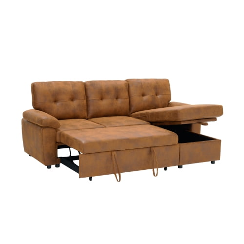 88.5" Convertible L-Shaped Pull-Out Sectional Sofa Bed with Storage Chaise & Soft Padded Armrests, Foil Fabric Upholstery, Light Brown