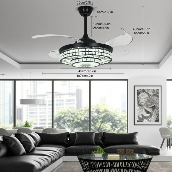 42" 7-Color Ceiling Fan Light Retractable with Remote Bluetooth Music Speaker