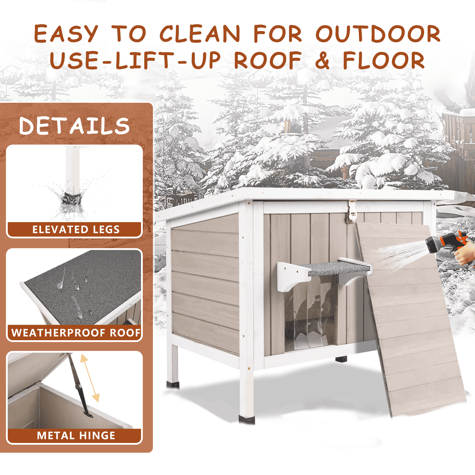 Gowoodhut Cat House Insulated Wooden Cat Shelter for Outdoor with Escape Door, Gray