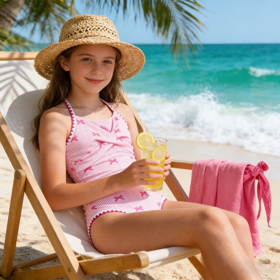 Girls' 2-Piece Swimsuit Set - Criss Cross Ruched One Piece Bathing Suit with Mesh Cover Up Skirt, Adjustable Straps Swimwear for Beach Pool (Ages 7-16 Years)