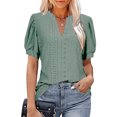 thumbnail image 2 of Blusa de manga abombada Cuello en V Hueco Color puro Slim Fit Blusa casual de manga corta para mujer Mujer Verde oscuro S, 2 of 5