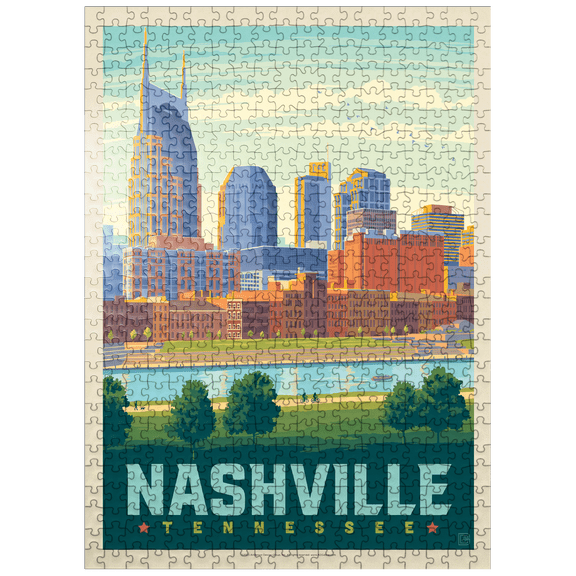 MyPuzzle - Nashville Skyline: Summer On The Riverfront, Vintage Poster - Premium 500 Piece Jigsaw Puzzle for Adults