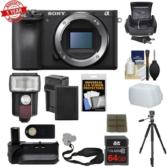 Sony Alpha a6500 4K Wi-Fi Digital Camera Body with 64GB Card + Battery & Charger + Grip + Case + Strap + Tripod + Flash/LED Light + Kit