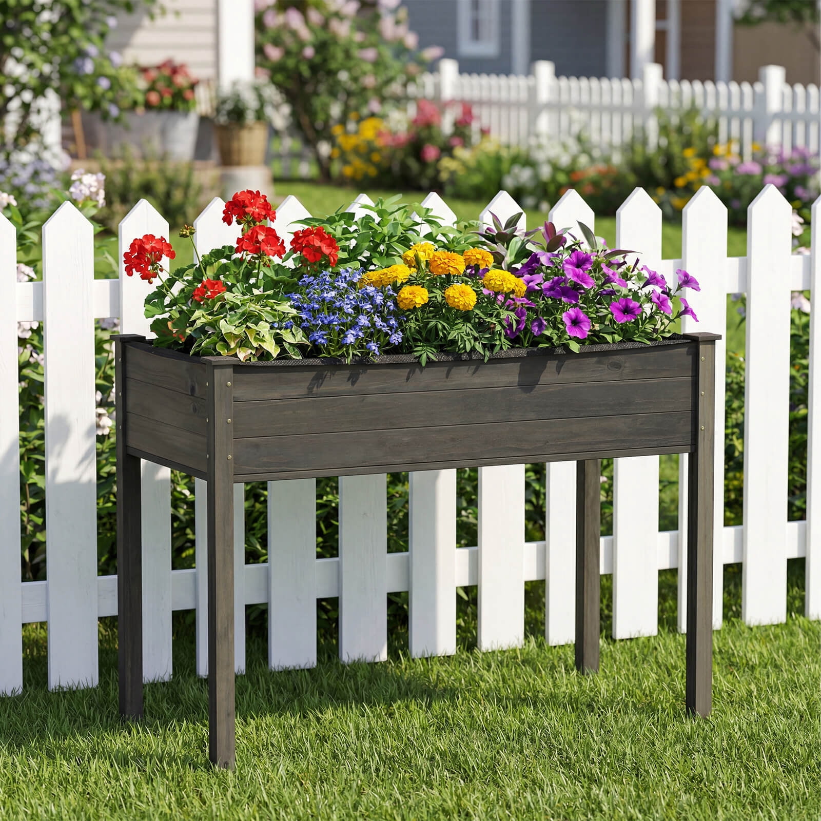 Costway Wooden Raised Vegetable Garden Bed Elevated Grow Vegetable Planter Gray