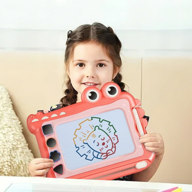 Magnetic Drawing Board for Kids with Three Primary Colors, No-Mess Learning Tool for Painting and Letter Practice, One-Button Erase and Portable Easy-Grip Handle (Red)