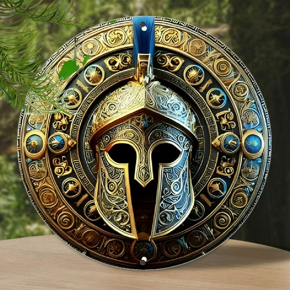 1pc Spartan Warrior Helmet Aluminum Wall Art, High-Quality Metal Shield Decor, Waterproof & Weather-Resistant, Pre-Drilled Sign for Easy Hanging, with Home, Garage, Cafe Decor