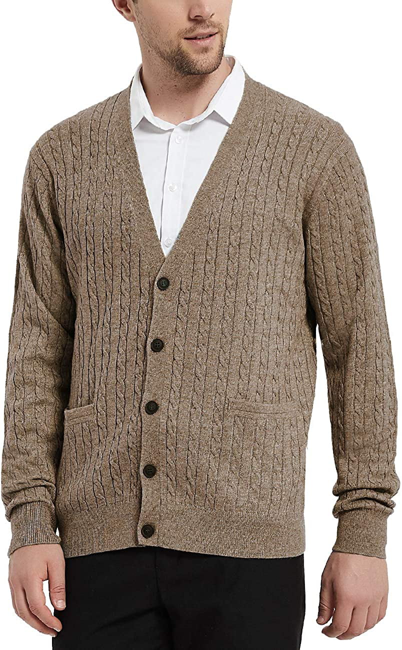 Kallspin Men's Cardigan Sweater Cashmere Wool Blend V Neck Buttons Cardigan with Pockets 