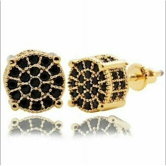 1.00 Ct Round Cut Black Diamond Men's Cluster Stud Earrings 14K Yellow Gold Plated Silver