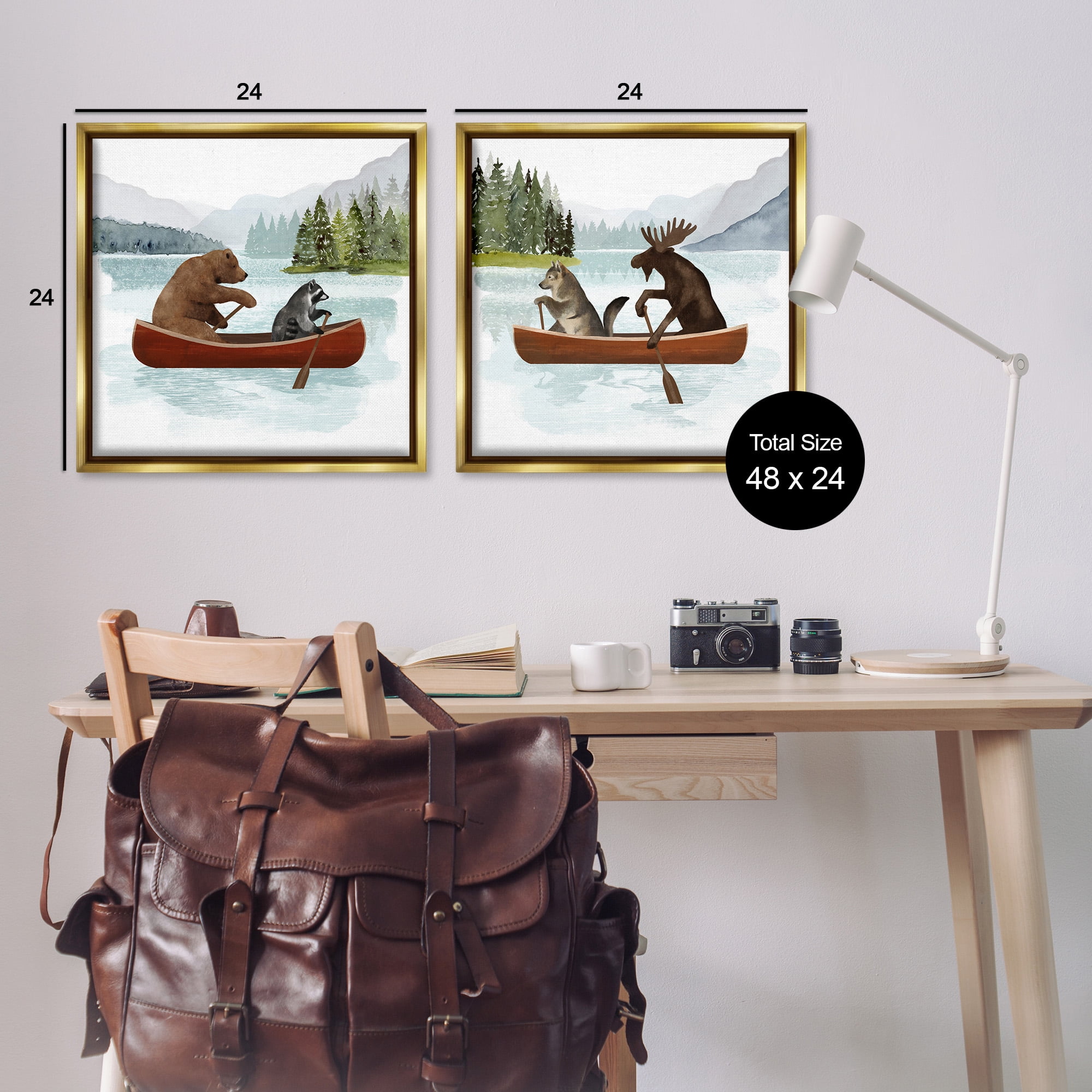 Stupell Industries Woodland Animals on Canoes Animals & Insects Painting Gold Floater Framed Canvas Art Print Wall Art, 25 x 25, Set of 2