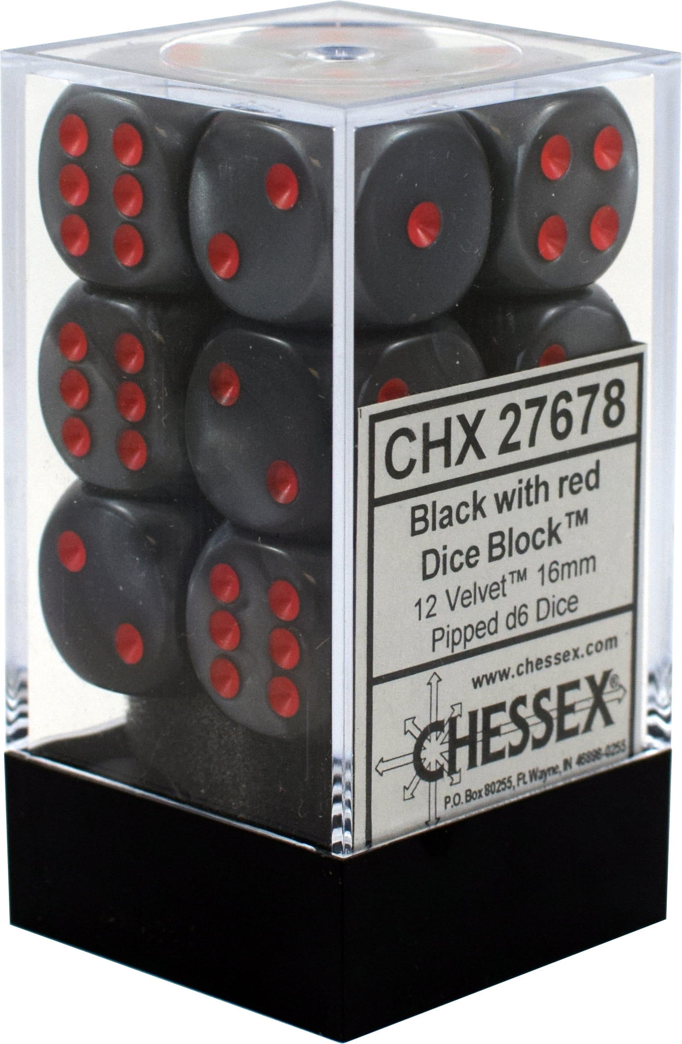 Rojo Chessex dice bloque Terciopelo Negro 12x 16mm D6-CHX27678 