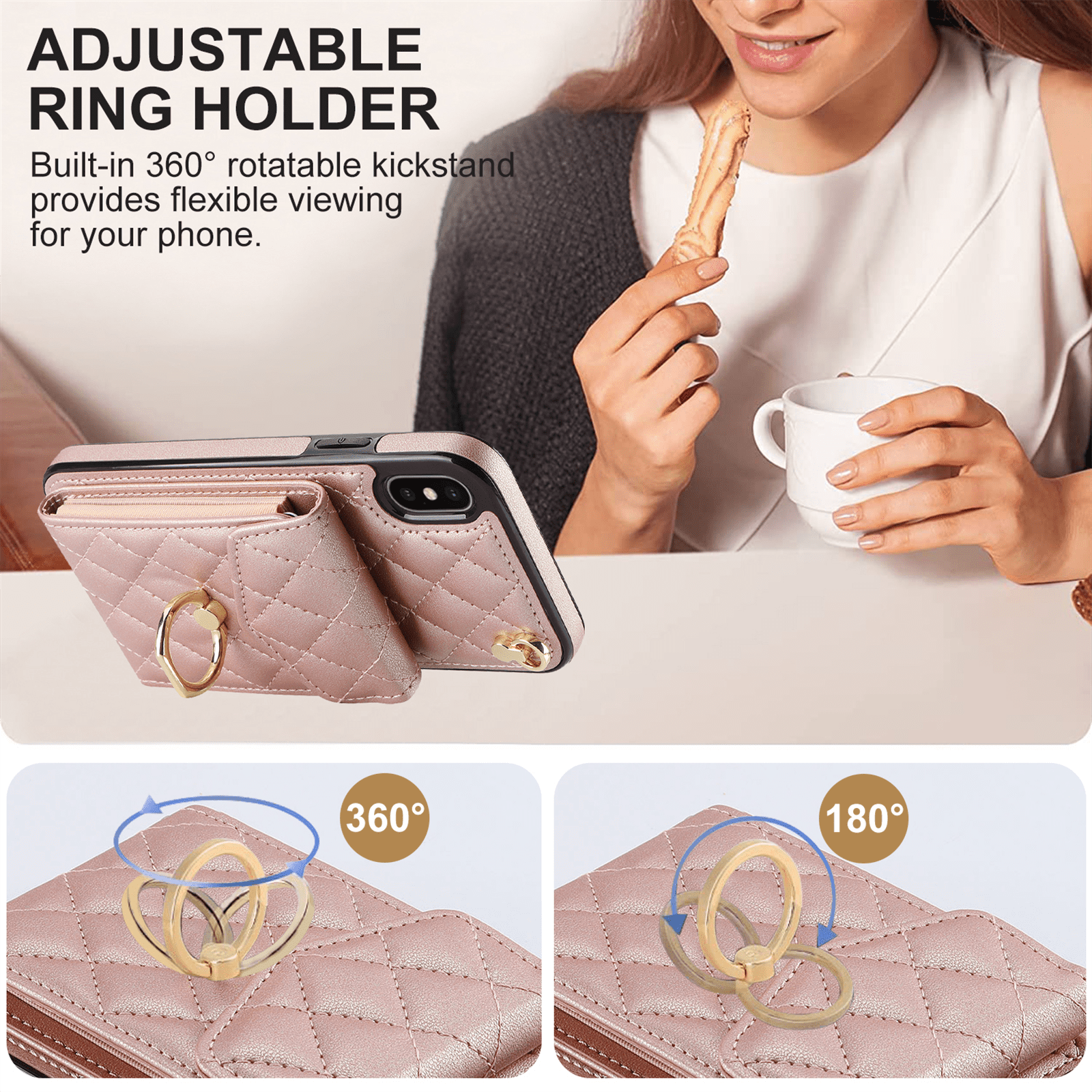 Asuwish Wallet RFID Blocking PU Leather Cell Phone Case with Tempered Glass Screen Protector, Wrist Strap for iPhone X/XS, Rose Gold