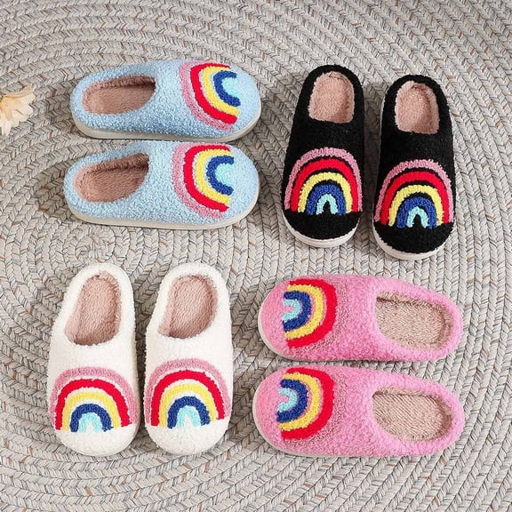 RTKFRFLM Kids Rainbow Embroidered Slippers Warm Plush Winter House Shoes for Boys and Girls Red 32