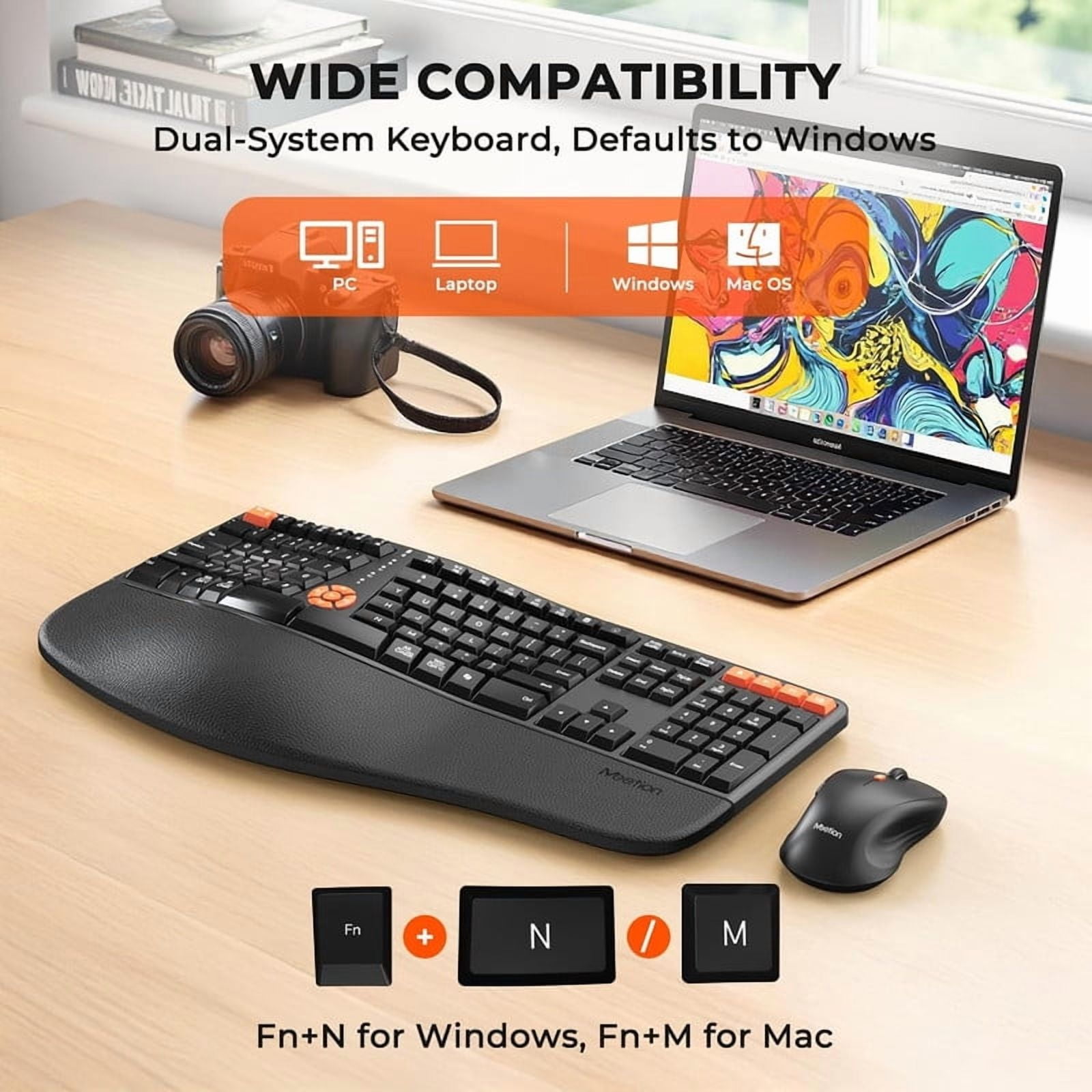 MEETION Ergonomic Keyboard and Mouse, 2.4G Wireless/Bluetooth Split Keyboard with Cushioned Palm Rest, 4 DPI Adjustable Mouse, Full Size Multi-Device Keyboard for Windows/Mac/PC/Laptop, Black