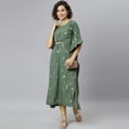 thumbnail image 3 of Janasya Indian Round Neck 3/4 Sleeve Geometric Print Green Poly Crepe Kaftan For Women, 3 of 7