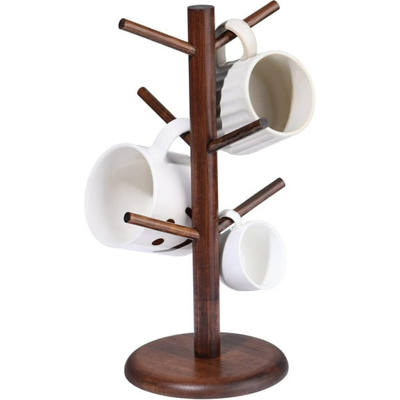 Walnut Coffee Mug Tree, Bamboo Mug Holder Base,Coffee Cup Stand Mug Holders with 6 Hooks for Countertop Coffee Mug Rack Organizer Stand for Counter Top, Coffee Bar Accessories, Walnut