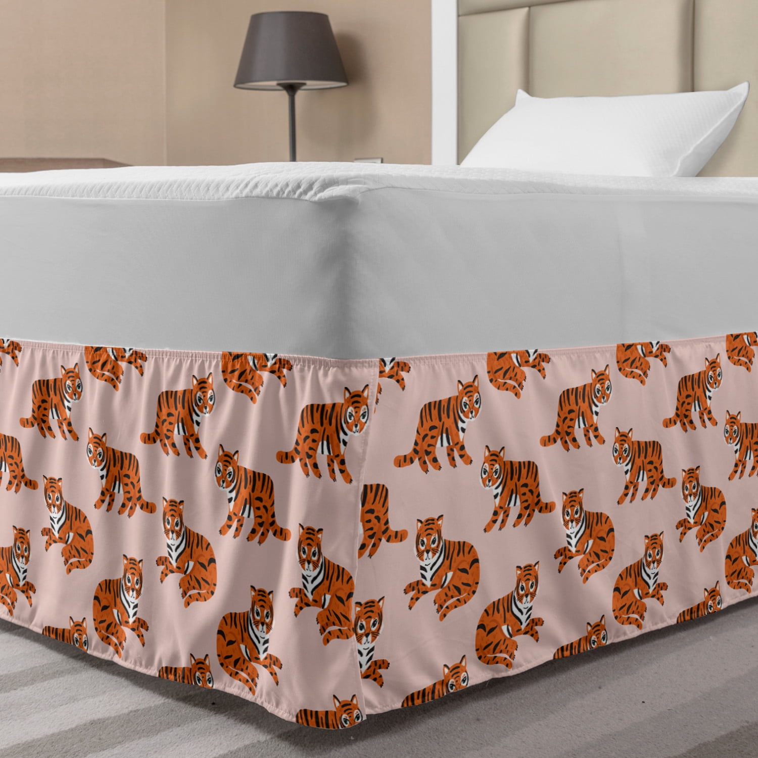 Safari Bed Skirt, Childish Fun Pattern of Tigers with Stripes Funky