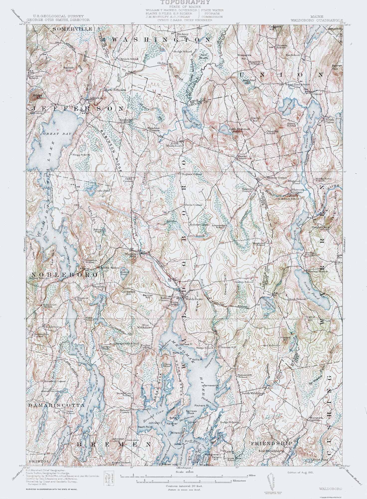 Waldoboro Maine Quad USGS 1915 23.00 x 31.24 Matte Canvas