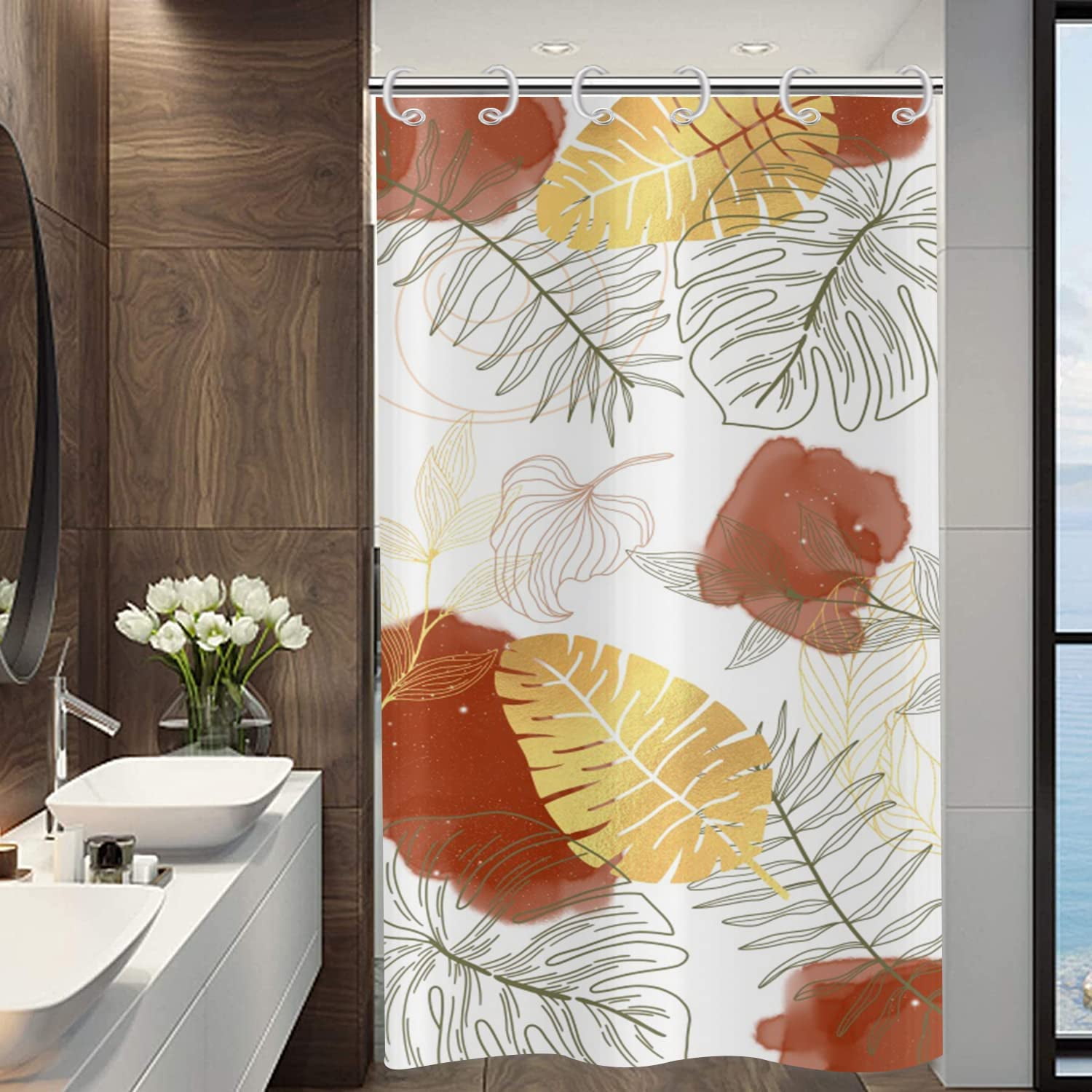 Burnt Orange Boho Chic Shower Curtain, Abstract Aesthetic Tropical Leaf