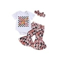 thumbnail image 2 of Aojekbee Baby Girls Summer Outfits Short Sleeve Romper + Butterfly Flare Pants + Headband Set Newborn Clothes, 2 of 10