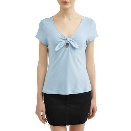 Juniors Tie - Juniors' Yummy Knit V-Neck Tie Front Cap Sleeve Tee