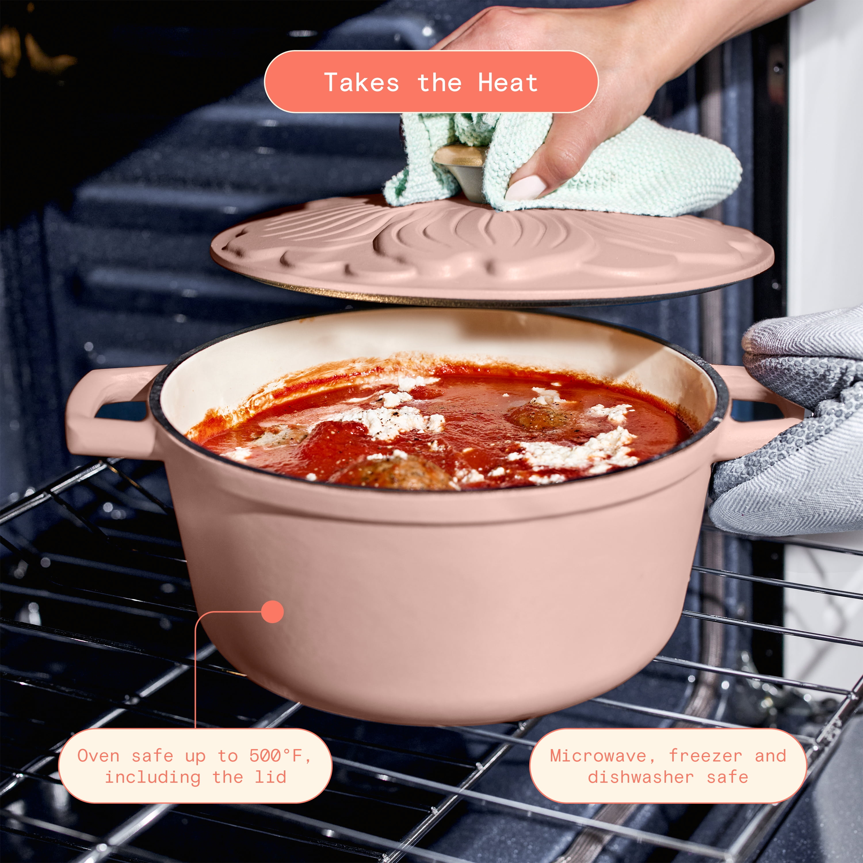 Beautiful 4 Quart Enameled Cast Iron Round Dutch Oven with Petal Design Lid, Rose by Drew Barrymore