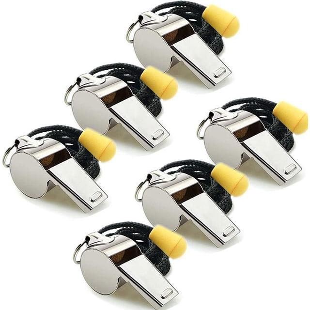 Paquete de 6 silbatos deportivos de acero inoxidable con cordón, silbatos de sonido fuerte y nítido a granel ideal para entrenadores, árbitros y oficiales