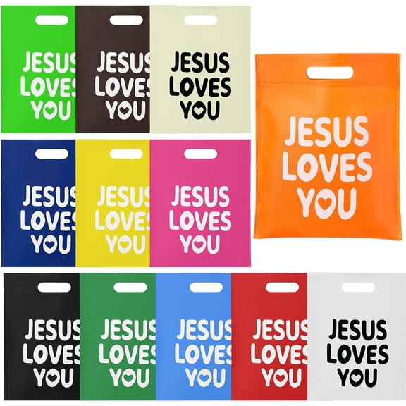 24 count Easter  Loves You Bags Bulk  Non Woven Christian Religious  Bag with Handle Candy Tote (Multicolor)