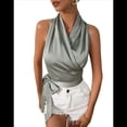 thumbnail image 3 of Blusa de Satén para Mujer, Cruzada, con Cuello en V, Sin Mangas, con Lazo Lateral, Elegante Top Corto de Verano. Verde M, 3 of 9