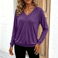 thumbnail image 6 of Qgtaibl V Neck Pullover Tops for Women Raglan Long Sleeve Solid Color Lounge Blouse Fall Loose Fit Stretchy Sweatshirts Purple M, 6 of 9