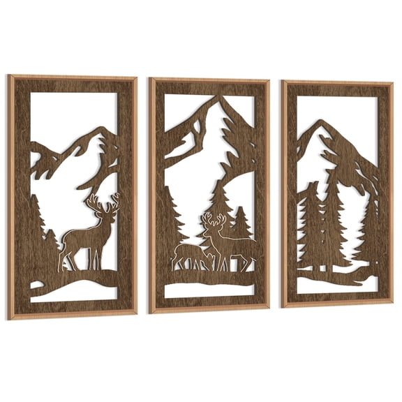 Wildlife Wood Wall Art Wilderness Wall Decor Framed Landscape Wall Painting Deer Wood Cut Out Artwork Set of 3 for Living Room Bedroom Farmhouse 8x16 In