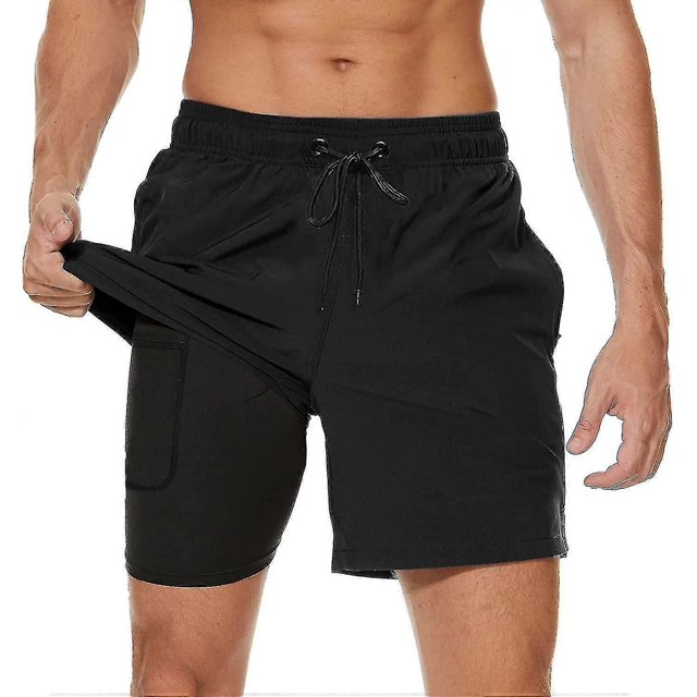 Men's Swim Trunks With Compression Liner 2 In 1 Quick Dry Mens Swim Shorts With Boxer Brief Lined Surfing Stretchy Beach Shorts With Zipper Pockets