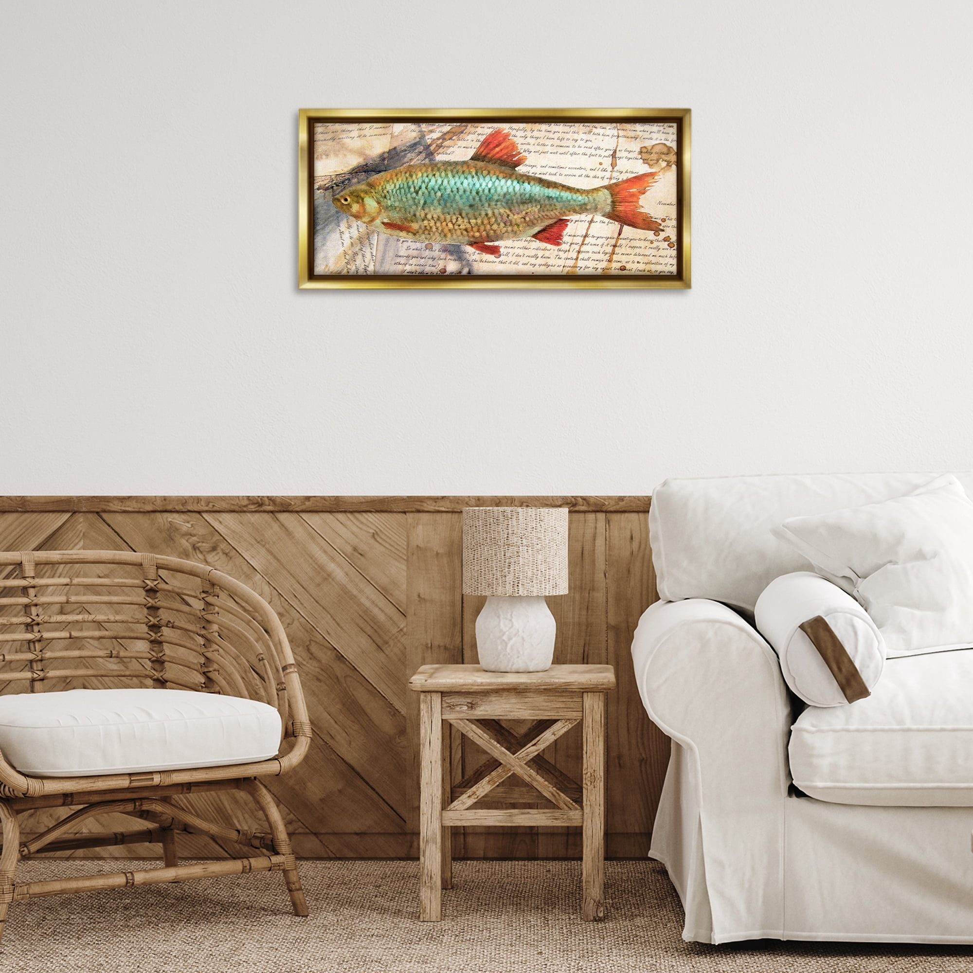 Stupell Industries Vintage Pages & Fish Animals & Insects Painting Gold Floater Framed Canvas Art Print Wall Art, 25 x 11