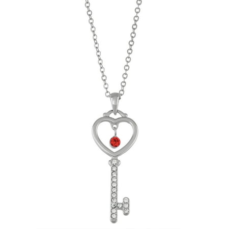 - Rhodium Plated Open Heart Shaped Key Pendant Necklace with Swarovski Crystals