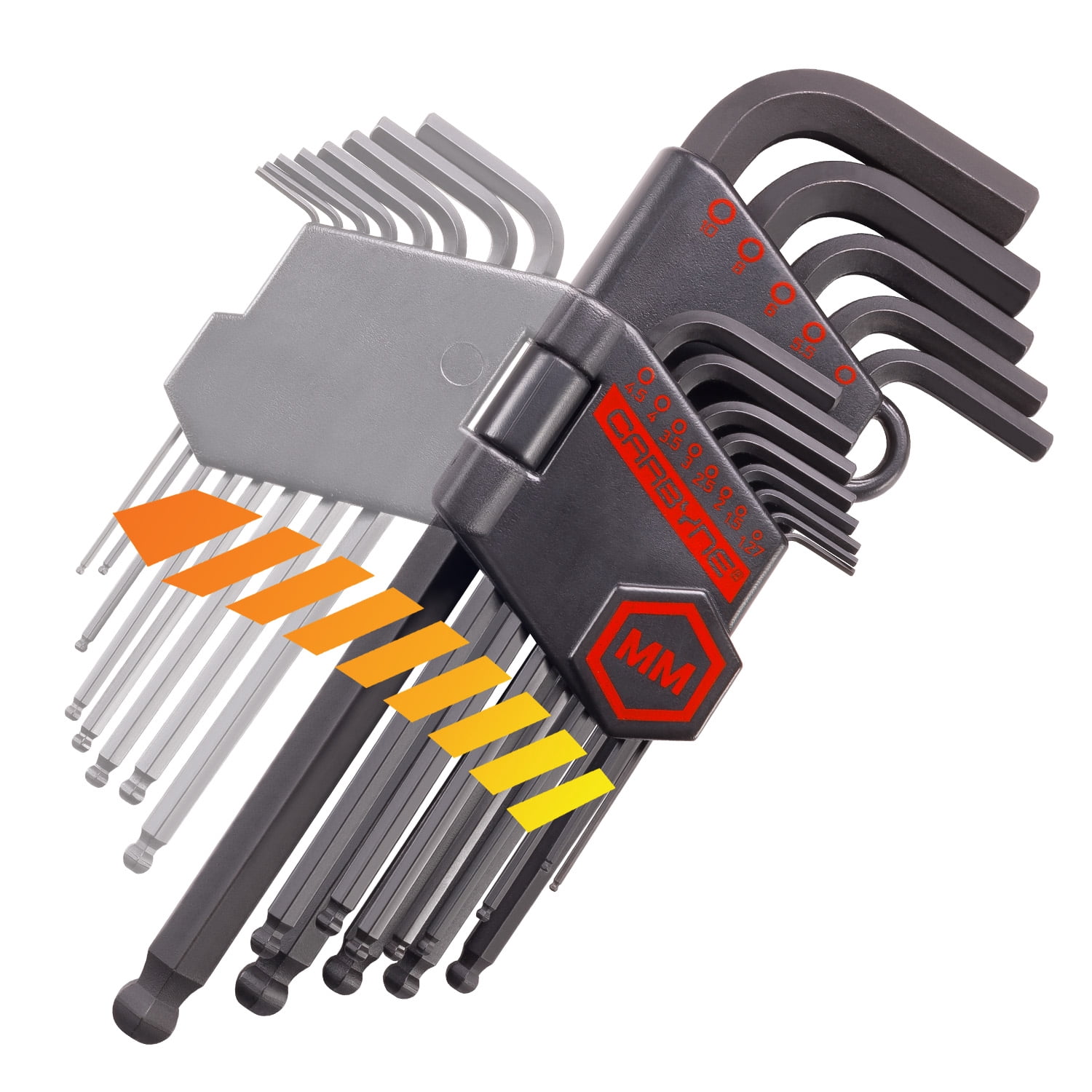 CARBYNE 26 Piece Long Arm Ball End Hex Key Wrench Set, SAE & Metric, S2 Steel, Manganese Phosphate Finish, Ball Hex Ends Permit 25-Degree Entry Angle, Precision Chamfered Ends