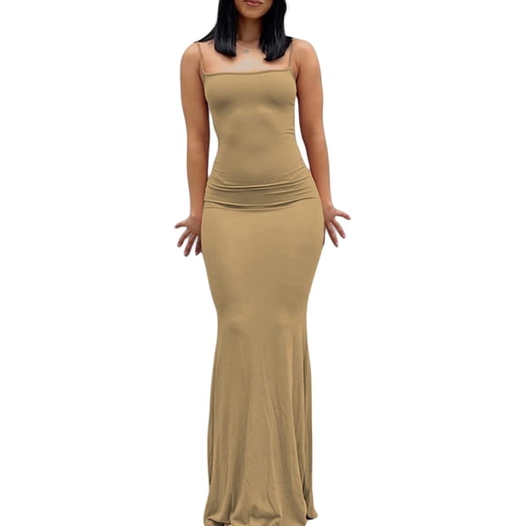 Robe d'Été Aguichant pour Femmes, Robe Longue Moulante à Bretelles Spaghetti, Dos Nu, Fente Latérale Haute, Y2K
