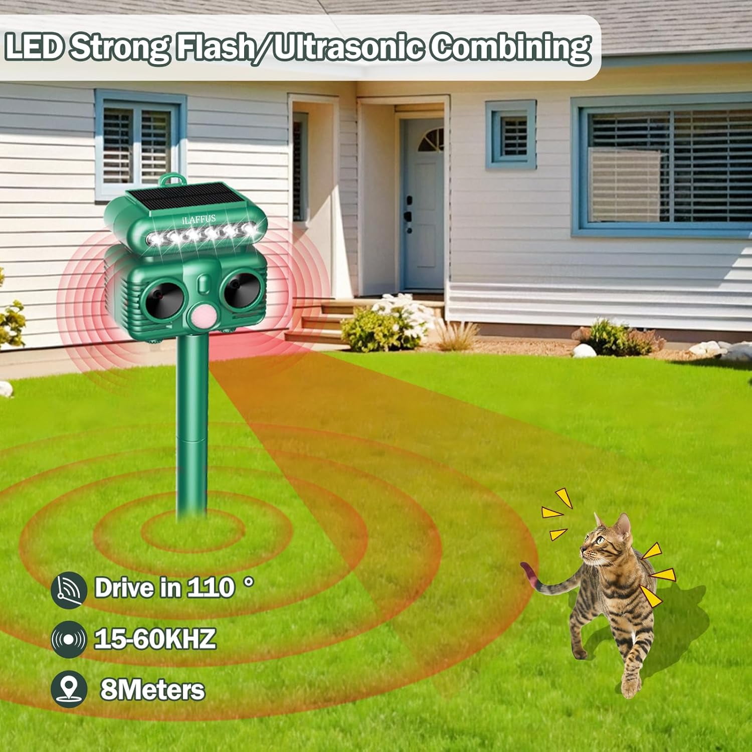 2 Pack Solar Ultrasonic Animal Repelent Outdoor, Deer Squirrel Cat Raccoon Rabbit Dog Skunk Fox Deterrent with Flash Light for Garden Yard Lawn Farm Orchard, IP 65 Waterproof, Motion Detection