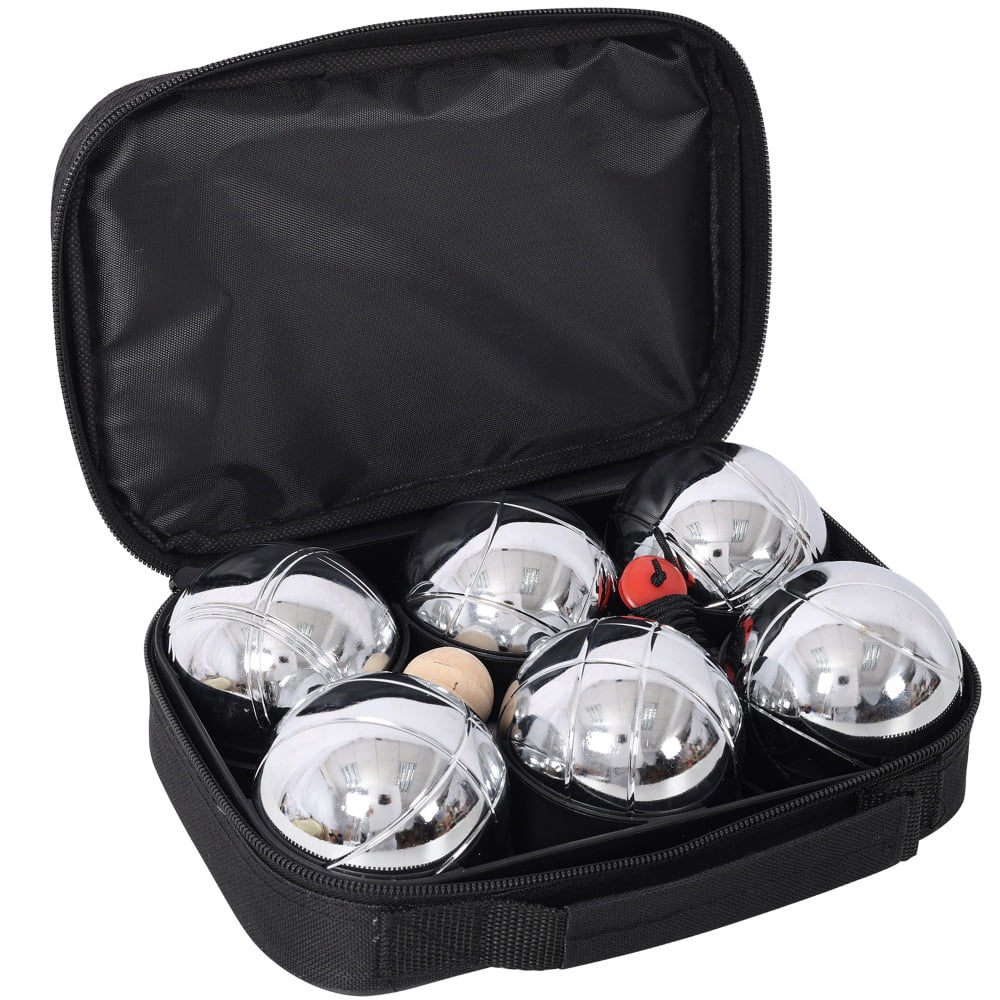 Set of 6 Classic Boules Boccia Game 2.75in 1.5lb Metal Balls Wooden Jack Outdoor Lawn Backyard Beach Family Party Adult Precision Sport Measure Tool Heavy Duty Pattern Lines Tri Color Kit Play