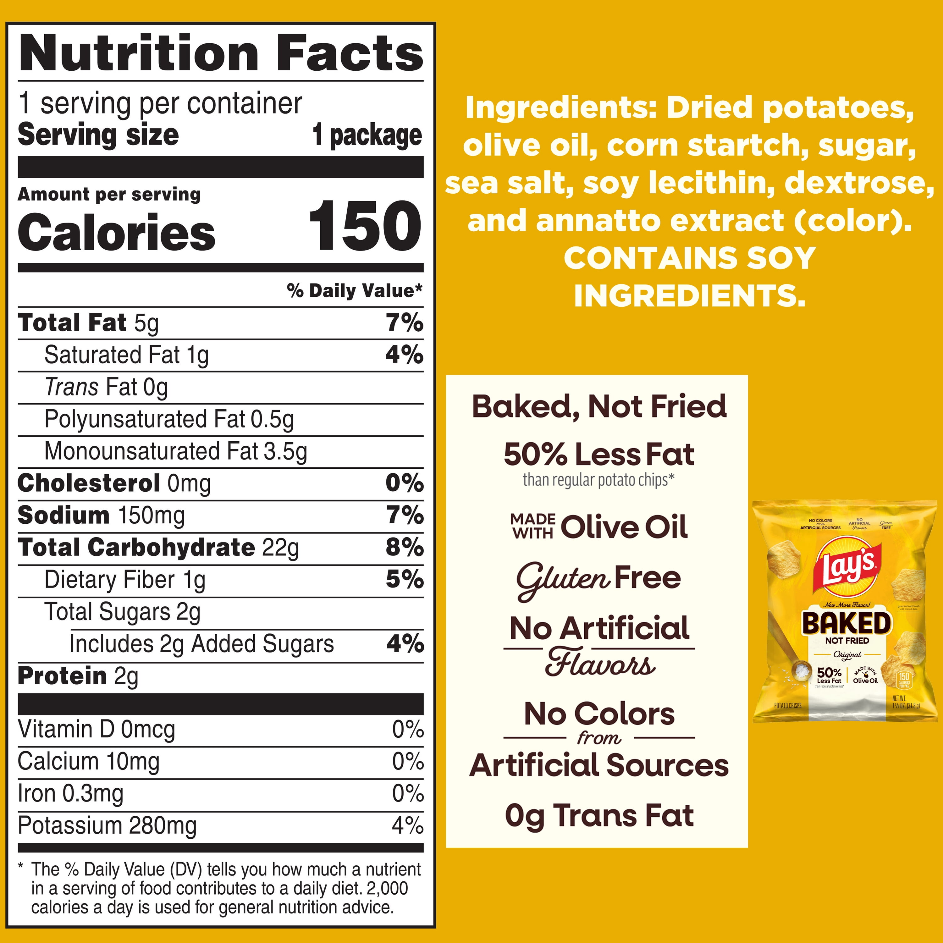 Baked Lay’s 50% Less Fat Original Potato Chips Bag, 1.13 oz