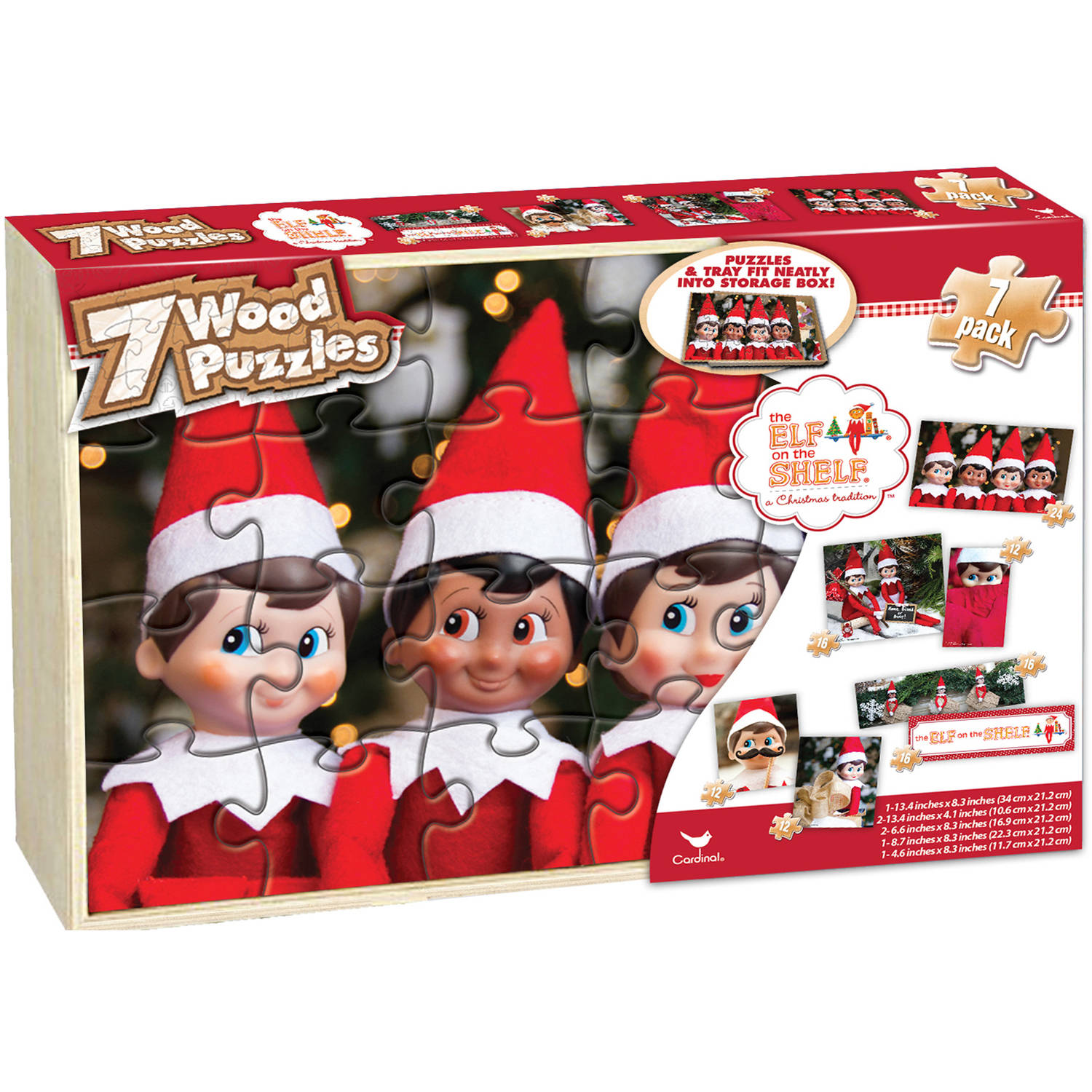 The Elf on the Shelf 7 Wood Jigsaw Puzzles in Wood Storage Box
