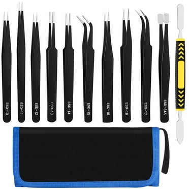 LUIISIS 12 Pcs Precision Tweezers Set, Premium Craft Tweezers Kit, Stainless Steel Electronic ESD Tweezers, Anti Static Industrial Soldering Tweezers, with Tweezer Storage Bag