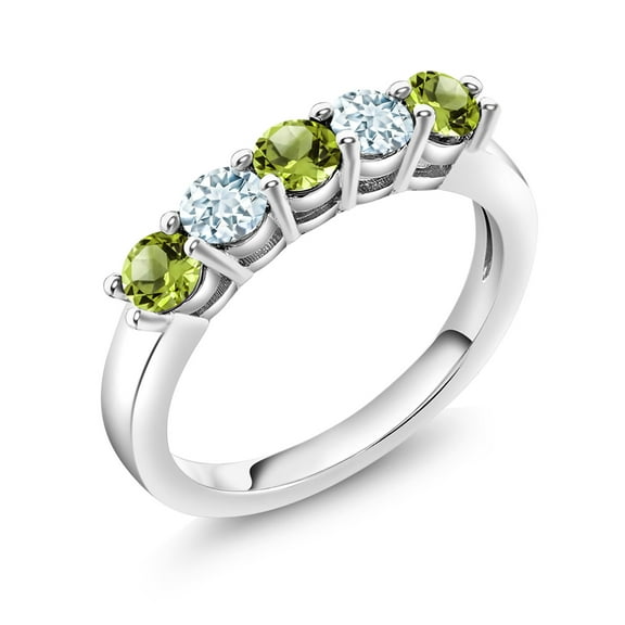 Gem Stone King 925 Sterling Silver Green Peridot and Sky Blue Aquamarine 5-Stone Wedding Anniversary Band Ring for Women (0.96 Cttw, Gemstone August Birthstone, Size 9)