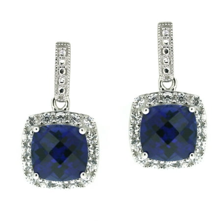 Sterling silver created sapphire with created white sapphire cushion earrings