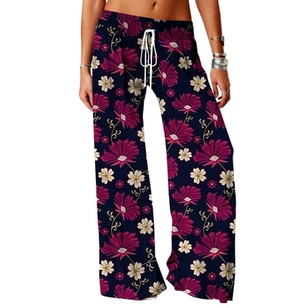 

QAFOPEH Women Floral Print Drawstring Wide Leg Casual Pajama Pants