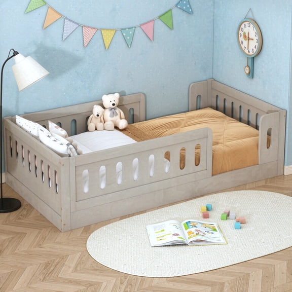 Twin Size Low Profile Platform Bed with Guardrails, Wooden Montessori Kids Floor Bed without Support Slat