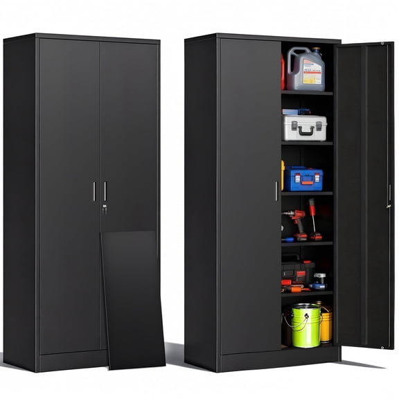 71" Metal Storage Cabinet with Lock,Garage Storage Cabinet with 2 Doors and 5 Adjustable Shelves,Tool File Cabinet for Garage Office,Home,Gym,School（Black）