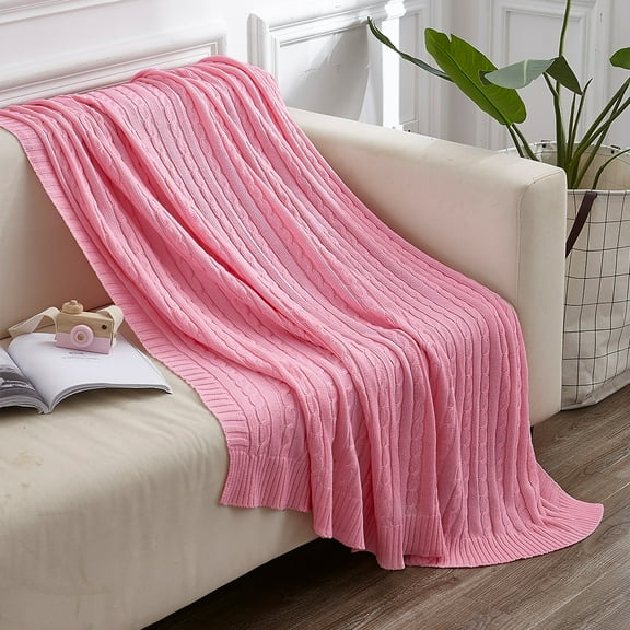 Flxxie Soft Cotton Cable Knitted Throw Blanket Simple yet Quality Look, 51" x 67", Pink